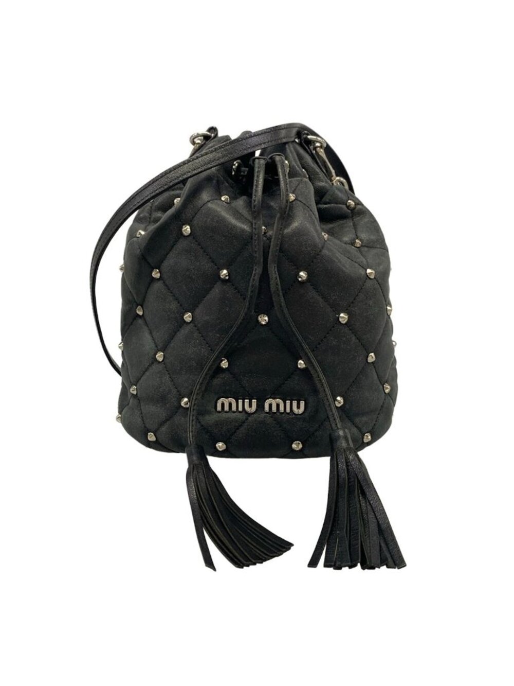Miu Miu Shoulder Bag Black Drawstring Studs Leather